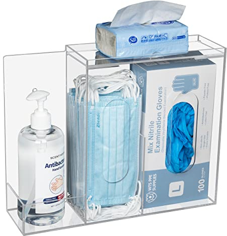 KOEMEHR Wandhalterung und Aufbewahrungsbox für Masken, Handschuhe und Hygienebedarf - 3 Fächer Transparent