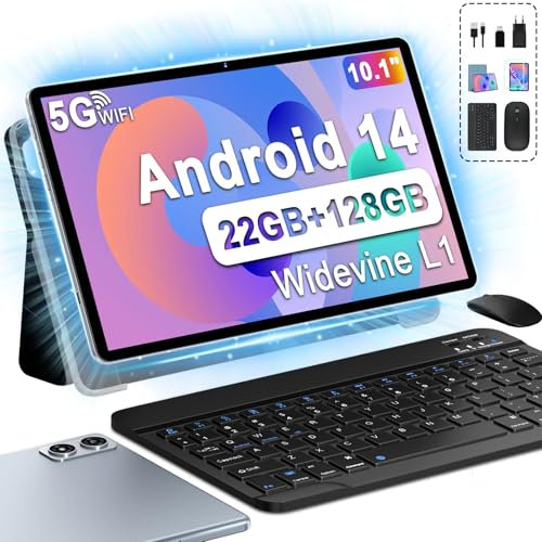 fezawio F10 Tablet 10 Pollici, Tablet Android 14, 22 GB RAM+128 GB ROM |1TB TF |8000mAh |5G Wi-Fi |Octa-Core |Widevine L1 |2.0Ghz Tablet PC Con Tastiera Mouse Fondina, Migliore Regalo - Grigio