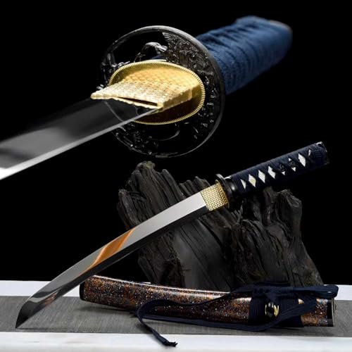 KWXPW 55cm Japanischer Wakizashi,Schnellarbeitsstahl Klinge,Holzscheide,handgefertigt Samurai-Schwert,Kurzer Katana für Geschenke,Displays,Sammlungen,Cosplay,Festivals,Requisiten