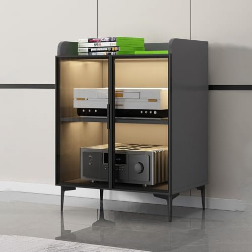 Medienaufbewahrungsschrank Moderner Stereo-Rack-Systemschrank mit 2/3 Regalen AV-Schrank mit Glastüren Medienkonsole ohne LED-Licht für Besprechungs Wohn Gaming und Aufnahmeräume.(Nero,54x42x90cm)