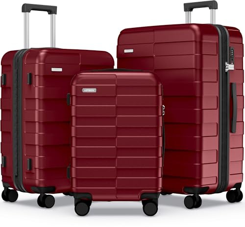 Vipbox Suitcase Set 3-Piece Hardside PC Suitcase with Wheels, Wine Red
