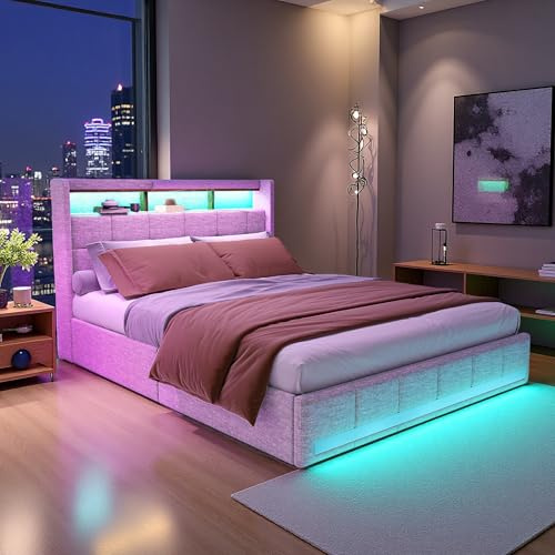 Polsterbett 140x200cm mit 4 Schubladen, Doppelbett mit Stauraum und Lattenrost, Stauraumbett Funktionsbett – LED-Kopfteil mit USB-Ladefunktion. Bett für Erwachsene und Jugendliche. Leinen (beige)