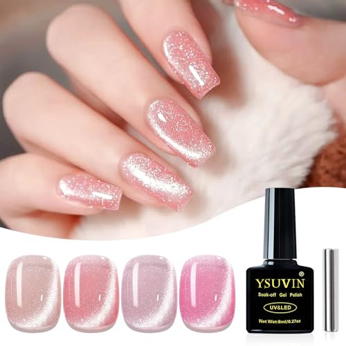 Yueshop Pink Magnetic Gel Nail Polish,4 Colors Spring Summer Nude Pink Glitter Cat Eye Gel Polish Set Soak Off UV LED Nail Polish For Beginner Nail Art Salon,8ML