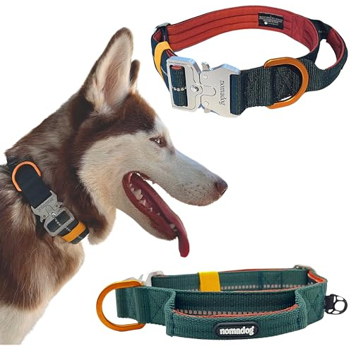 Nomadog Trailblazer Hundehalsband mit Griff für Große Hunde - Premium Aluminium Schnalle, Strapazierfähiges taktisches Halsband, Verstellbar, Gepolstert, Reflektierend (L)
