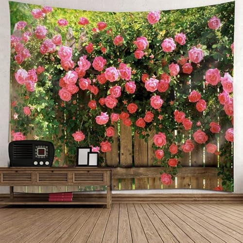 Calefee Wandteppich 210cm Breit, Wandbehang Deko Teppich Polyester, Tapisserie Holzgitter und Blumen