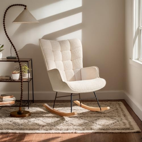 DAHUEN Schaukelstuhl für Erwachsene, Schaukelstuhl, Stillsessel, Stoff aus Plüsch, Schaukelstuhl, Wohnzimmer-Sessel mit Armlehnen, für Schlafzimmer, Wohnzimmer, Beige (Beige)