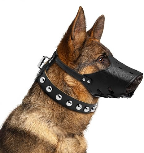 PANTIDE Maulkorb-Set für Hunde, strapazierfähige Leder-Mundabdeckung und verstellbares, passendes Halsband für große Hunde, ermöglicht Hecheln, Trinken, atmungsaktiver Maulkorb mit