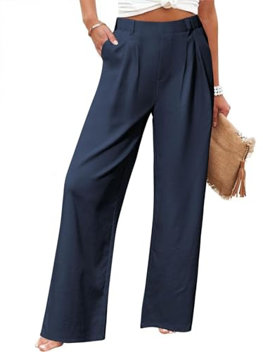 Friptspyg Palazzo Hose Freizeithose Damen Sommer Hohe Taille Palazzo Elastische Freizeithose mit Taschen,Dunkelblau L