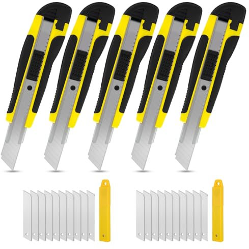 5pcs Cuttermesser Profi Cutter Messer Set 18 mm mit 20 Ersatzklingen aus SK5, Mehrzweck-Teppichmesser Profi Mit Gummihandle, Cutter Messer mit Sicherheitsschlos