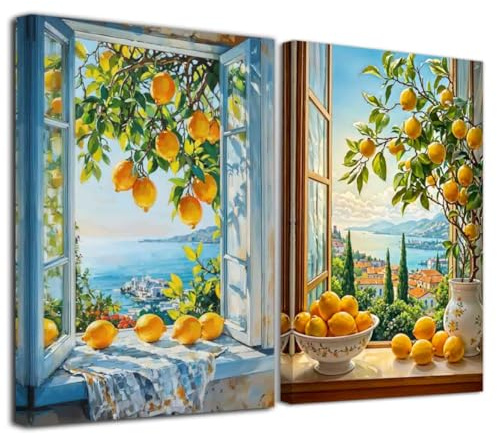 LZIMU Zitronenbilder für die Küche gelbe Zitrone rustikales Obstgemälde blaue Keramikdrucke Vintage Poster Esszimmer Restaurant Dekor (Orange, (30x40cmx2 Teilig))