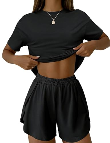 IECCP Pyjama court pour femme - Manches courtes - Ensemble de pyjama - 2 pièces - Pour l'été - Vêtement de détente - Pour la maison, les vacances, les loisirs, Noir , S