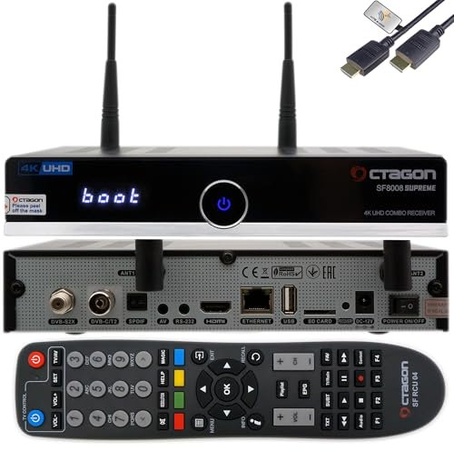 Octagon SF8008 4K Combo Supreme V3 UHD E2 1xDVB-S2X, 1x DVB-C/DVB-T2, Linux PVR SAT Receiver, 2.4/5G Dual Band, LAN 1Gbit, interfaccia M.2, BT 5.1, telecomando IR, HTS e-com cavo HDMI