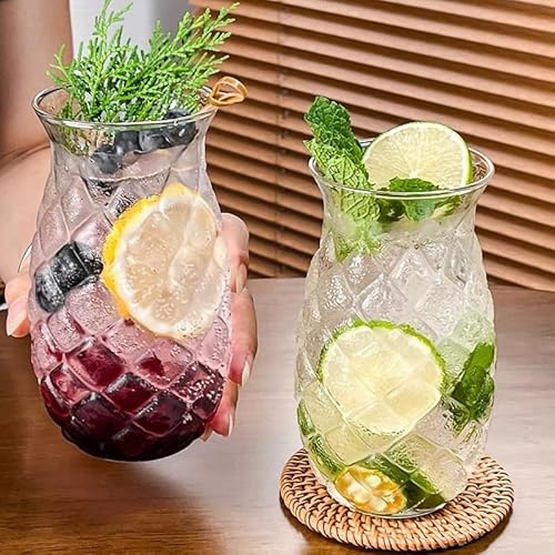 Taoyanmo 2PCS 520ML Unique Glass,Pineapple Shaped Glass Cups, Coffee Glasses, Iced Coffee Cup, Glass Tumbler for Iced Coffee, Juice Drink, Milk, Cocktail, Tea, Smoothie,Bubble Aesthetic
