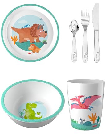 HABA Unisex Geschirr-Set 4-Pack Schüssel, Teller, Becher & Besteck - Dino - Größe One Size