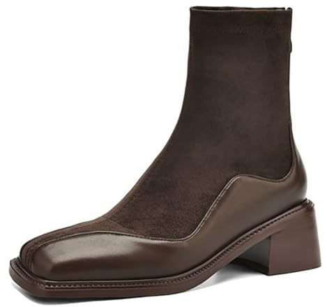 Wtharosa Stivaletti A Punta Quadra da Donna in Pelle E Camoscio Tacco Largo Stile Chelsea Moda Casual Quotidiano Ufficio,Marrone,41 EU
