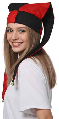 FAD-4U Cappello da giullare con campane, motivo arlecchino bianco e nero, per Halloween, Natale, accessorio per costume (nero e rosso, L)