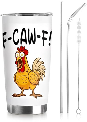 F Caw F Tasse, Lustige Tassen, Edelstahl Thermobecher, Thermosflasche, Edelstahl Becher mit Deckel und Strohhalm, Thermobecher Auslaufsicher mit Deckel, Trinkhalme, Reinigungsbürste, Hühner Geschenke