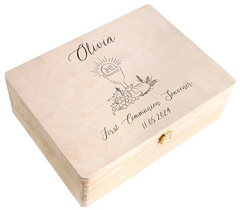 Creative Deco Personnalisé Première Communion Confirmation Cadeau Boite | Boîte à Souvenirs en Bois pour Garçon et Fille | Personnalisés - Calice et Prière du Chapelet | Personnalisable Idée Coffret