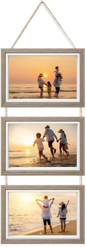 Ichigo Ichie Portafotos Múltiple Decorativo, Collage Portarretratos Colgante, Marcos de Fotos de Madera con Cuerda para Colgar en la Pared para 3 Fotos de 13x18cm, Caqui