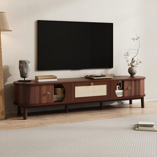 @Moflan Lin TV-Schrank – Fernsehschrank mit Türen aus Naturholz und Schubladen aus Rattan. Natürliche Aufbewahrungslösungen für EIN rustikales Ambiente