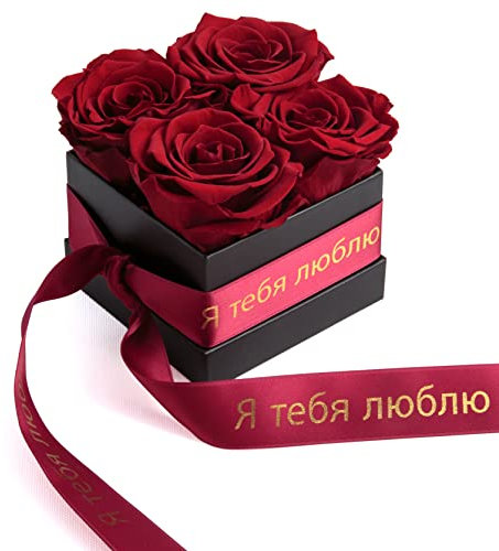 ROSEMARIE SCHULZ Heidelberg Russisch Geschenk Frauen Liebe - Infinity Rosenbox 4 echte Rosen haltbar 3 Jahre 8,5 x 8,5 cm (Я тебя люблю, Dunkelrot)