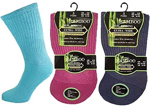 COMFYLOT & KK TRADERS MCR LTD Ladies Bamboo Diabetic Extra Wide Womens Non Elastic Socks with Hand Linked Toes (Assorted, Pack of 3)