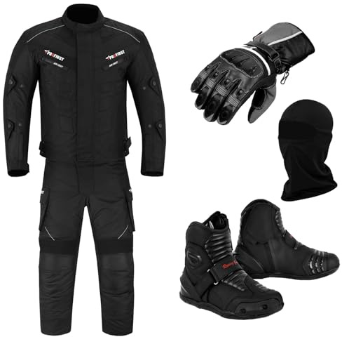 Full Set of Waterproof Motorbike 2 Piece Suit Motorcycle Protective Clothing in Cordura Fabric CE Approved Armours - Jacket + Trouser + Boots + Gloves + Balaclava