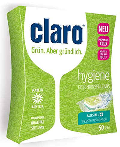 claro Hygiene Tabs - 100 Stk. phosphatfreie Spülmaschinentabs, wasserlösliche Folie (2 Pkg)