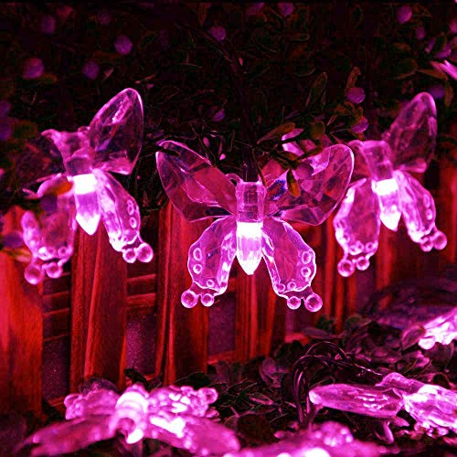 KINGCOO Solar Butterfly Lights Outdoor, Waterproof 4.8M/16FT 20LED Butterfly Lamp Christmas Solar Powered Fairy String Lights for Home Party Wedding Patio Garden Balcony Lighting Decorations (Pink)