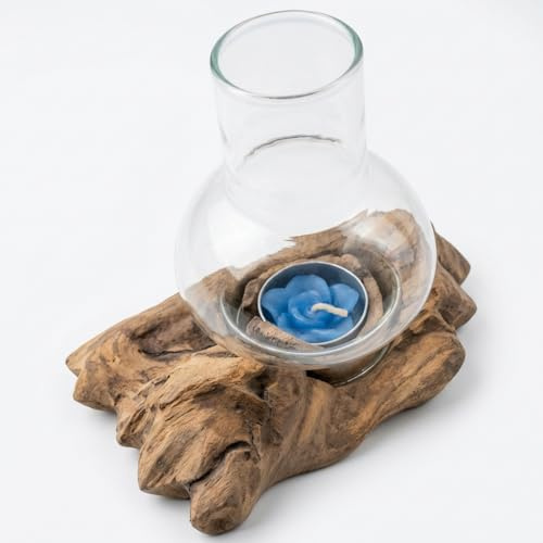 Wurzelholz Windlicht mit Glasballon – Teak Root Wood Teelichthalter – Handgefertigte Naturholz Deko in 2 Größen & Farben (Natur, Klein - 20x15x15 cm)