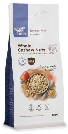 Wholefood Earth Whole Cashew Nuts 1 kg | GMO Free | Natural | Source of Fibre | Source of Protein