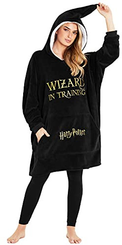 Harry Potter Sudadera Mujer, Bata Manta Polar Mujer, Sudadera para Mujeres Oversize con Capucha de Forro Polar, Regalos Originales para Mujer (Negro)