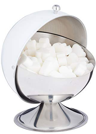 Relaxdays Zuckerdose, mit Rolldeckel, glänzender Edelstahl, für Zucker & Süßigkeiten, Bonbondose, Zuckerkugel, weiß, 1 Stück