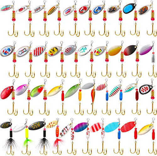 Skylety 40 Pcs Fishing Lure Hard Metal Colorful Spinner Baits with Tackle Box Trout Spoon Fishing Lures for Bass Pike Walleye Trout Salmon