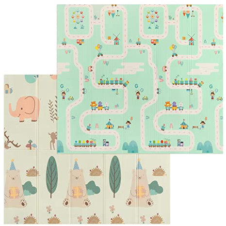 Navaris Baby Spielmatte 200 x 180 cm faltbar - Kinder Krabbelmatte Boden Matte - doppelseitig wasserdicht groß - XPE Schaumstoff Unisex - grün beige