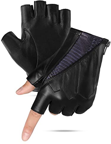 GSG SINCE 1998 Fingerlose Lederhandschuhe Herren ungefüttert | Halbfinger aus spanischem Schafsleder, atmungsaktiv, griffsicher, Metallreißverschluss, Motorrad, Rock-Punk, Samtbeutel