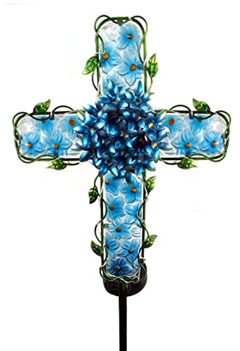 COOZZYHOUR Solar Cross Garden Lights Outdoor Decorative - Solar Metal&Glass Cross Blue Hydrangea Flower Stake Lights- Waterproof 20 Warm White LED for Remembrance Gifts