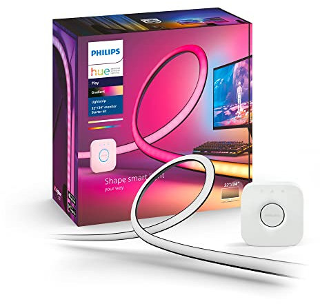 Philips Hue Color & White Ambience Play Gradient, PC Lightstrip für 32-34 Zoll, dimmbar, 16 Mio. Farben, steuerbar via App, Starter Set, inkl. Hue Bridge