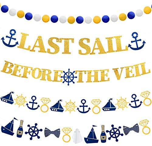 5 Pcs Nautical Bachelorette Party Decorations Nautical Party Supplies Include Last Sail Banner Bachelorette Veil Anchor Cruise Banner and Pom Pom Garland for Sailor Theme Party, Engagement