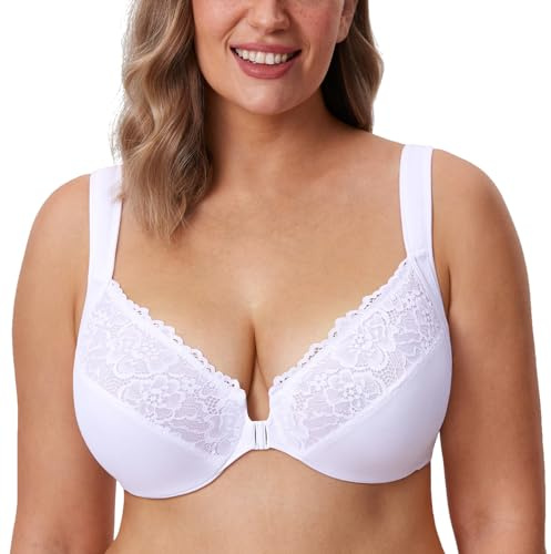 DELIMIRA Women's Front Fastening Bras Unlined Lace Plus Size Support Underwire White 40C