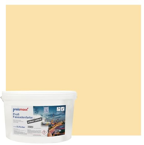 Preismaxx Profi Fassadenfarbe Gelb Sandgelb silikonharzverstärkt 2,5l | Für Putz Beton, Abperleffekt, wasserabweisend, UV-beständig, hohe Deckkraft, rissfüllend, diffusionsoffen, Made in Germany,