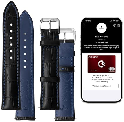 INVIS Smartstrap KYIV Schwarz und Marineblau 22 mm – Uhrenarmband mit NFC-Kontaktloszahlung | Kalbsleder | Krokodilprägung | Zertifiziert von Mastercard & Visa | Länge: 114/82 mm