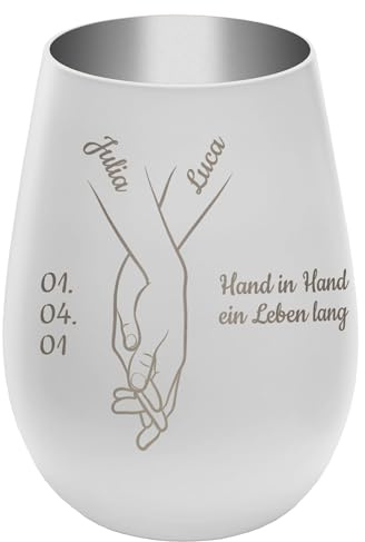 Personalisierbares Windlicht ''Hand in Hand'' - Weiß/Silber - gravierter Glas Teelichthalter mit Namen, Daten, Wunschtext - Höhe 12 cm - Geschenk zu Hochzeit Verlobung Jahrestag Valentinstag