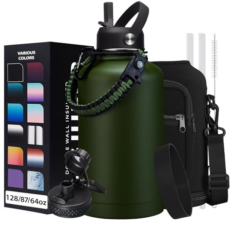 64oz Insulated Water Bottle with Straw & Auto Spout Lid - (Cold 48H & Hot 24H) Half Gallon Stainless Steel Water Jug with Paracord Handle, Metal Tactical Military Water Flask with Carrier Strap Bag