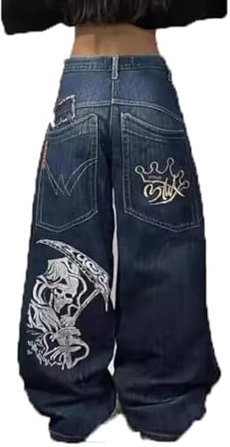 da Strada Y2K Hip Hop Jeans Donna Uomo con Stampa Teschio e Gotica, Larghi con Tasche Grandi, a Gamba Larga in Denim Vintage a Vita Alta neutri (Blu,L)