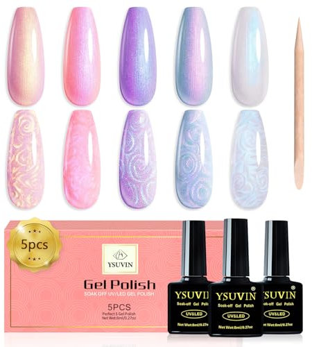 Yueshop Pearl Gel Nail Polish,5 Colors Shimmer Iridescent Mermaid Pink Dark Purple Cyan White Gel Polish Soak Off UV/LED Nail Polish Set with a Stick,Shell Swirl Thread Effect,8ML