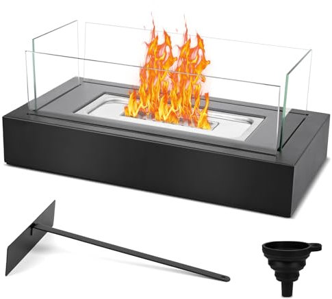Tischkamin, GuKKK Bioethanol Tischkamin Tischfeuer, Bio Ethanol Kamin für Indoor & Outdoor mit 4-Fach-Sicherheitsglas, Deko Steine und Löschhilfe Bio Ethanol Kamin, für Terrasse Balkon Garten Deko