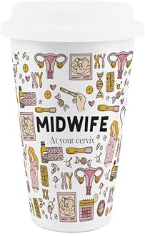 Purely Home Midwife Ceramic Travel Mug - Novelty Medical Training Job Gift/Present - Reusable Silicone Lid Double-Walled Insulated Hot/Cold Drinks Cup