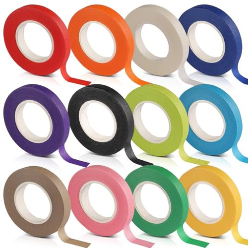 YFPOPONE Lot de 12 rouleaux de ruban adhésif multicolore, 20 m x 10 mm, en papier crépon pour enfants, 12 couleurs de ruban adhésif de masquage pour peintre, papier crépon imperméable pour bricolage,