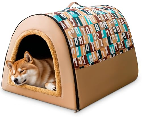 ALLSOPETS Cama para Perro y Gato 2-en-1 Plegable Tienda Cueva Térmica para Gatos y Perros Pequeños y Medianos | Casa Portátil para Mascotas con Asas para Sueño Profundo (Letra Marrón, XL)